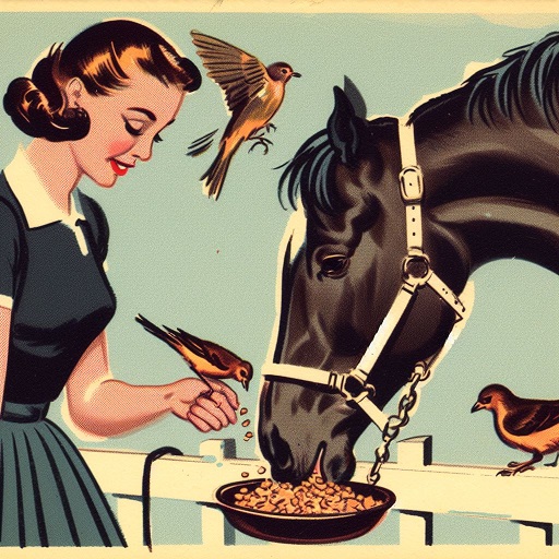 1950s postcard style illustration of a woman feeding a horse