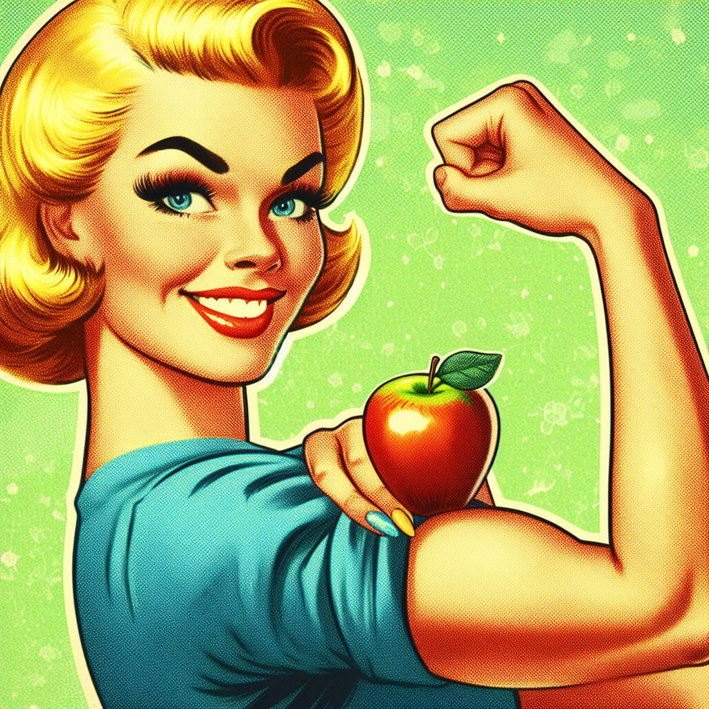 Blond woman flexing her arm. She is balancing a red apple on her bicep.